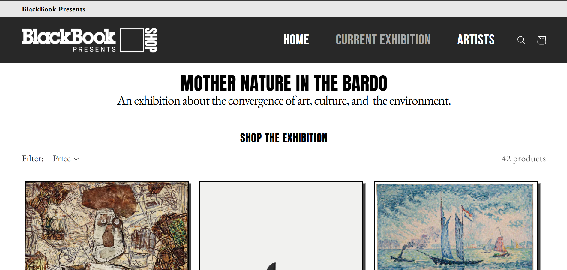 Screenshot of the BlackBook Presents Shop website homepage, featuring a modern design and navigation menu.