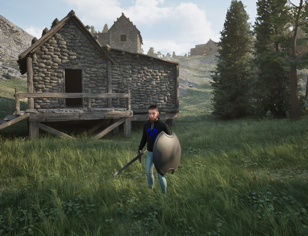 A detailed game scene featuring a swordsman standing in front of a rustic wooden hut.