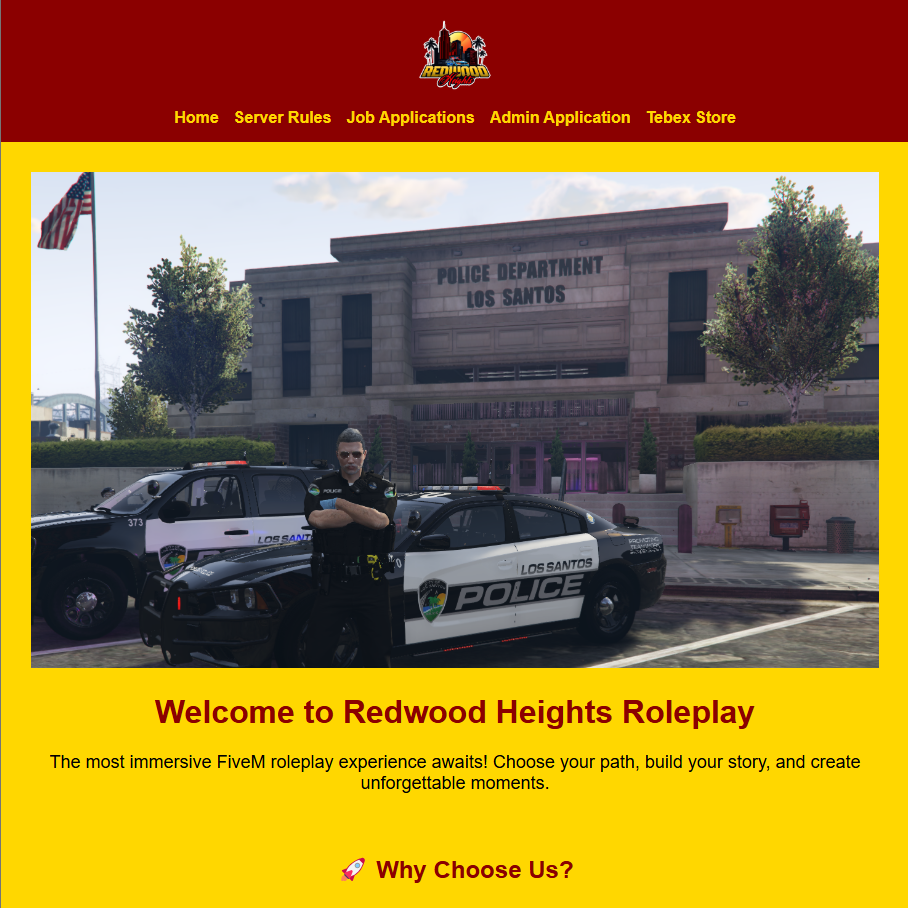 Screenshot of the Redwood Heights Roleplay website homepage, featuring a dark theme and navigation menu.