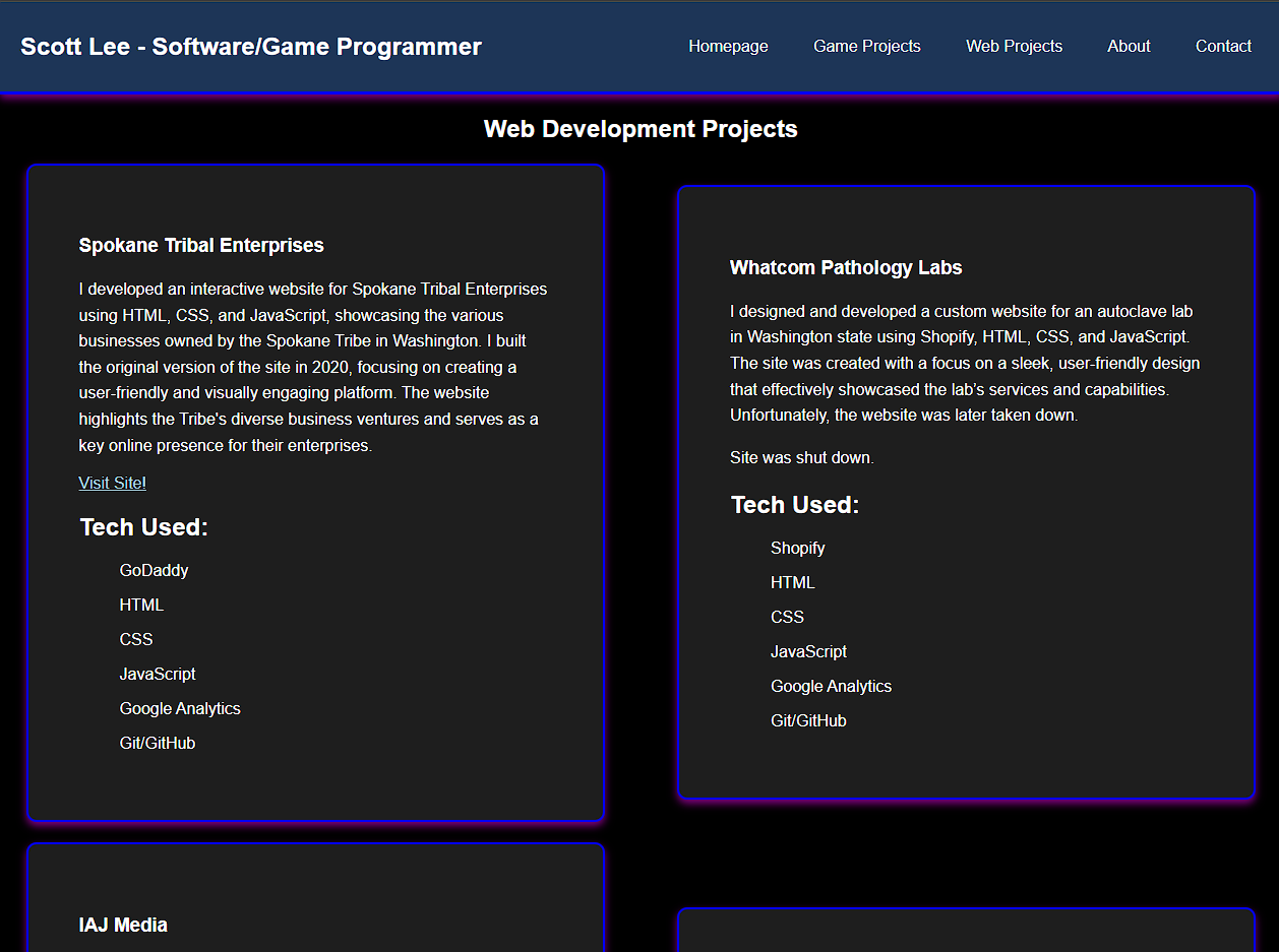 A screenshot of Scott Lee’s portfolio website showcasing web development projects.